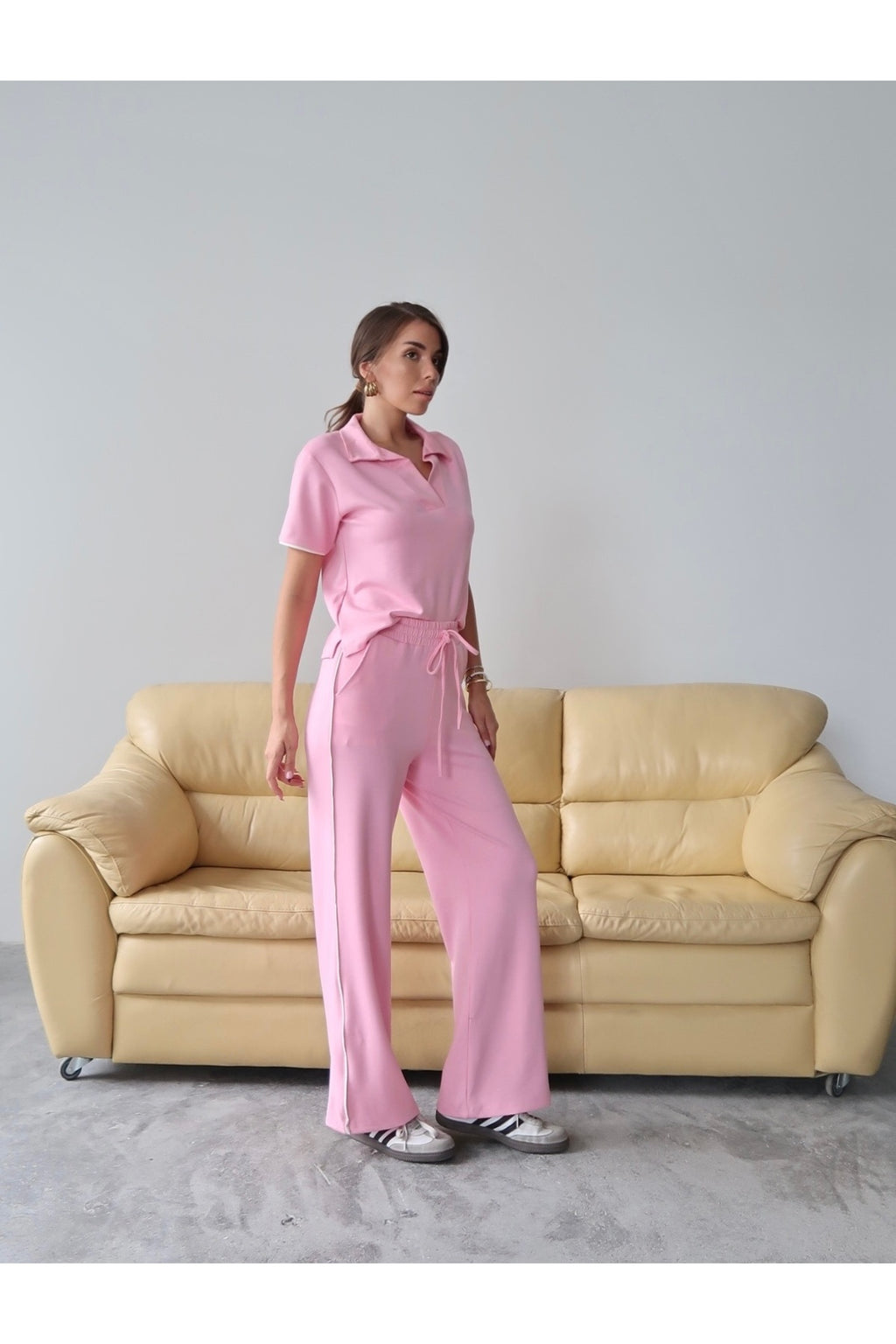 PWG1308251357 - Kadın Maribel Pamuklu Modal Kumaş Polo Yaka Bluz-Pantolon İkili Alt-Üst Takım, 4 Mevsim Günlük Takım - Pembe