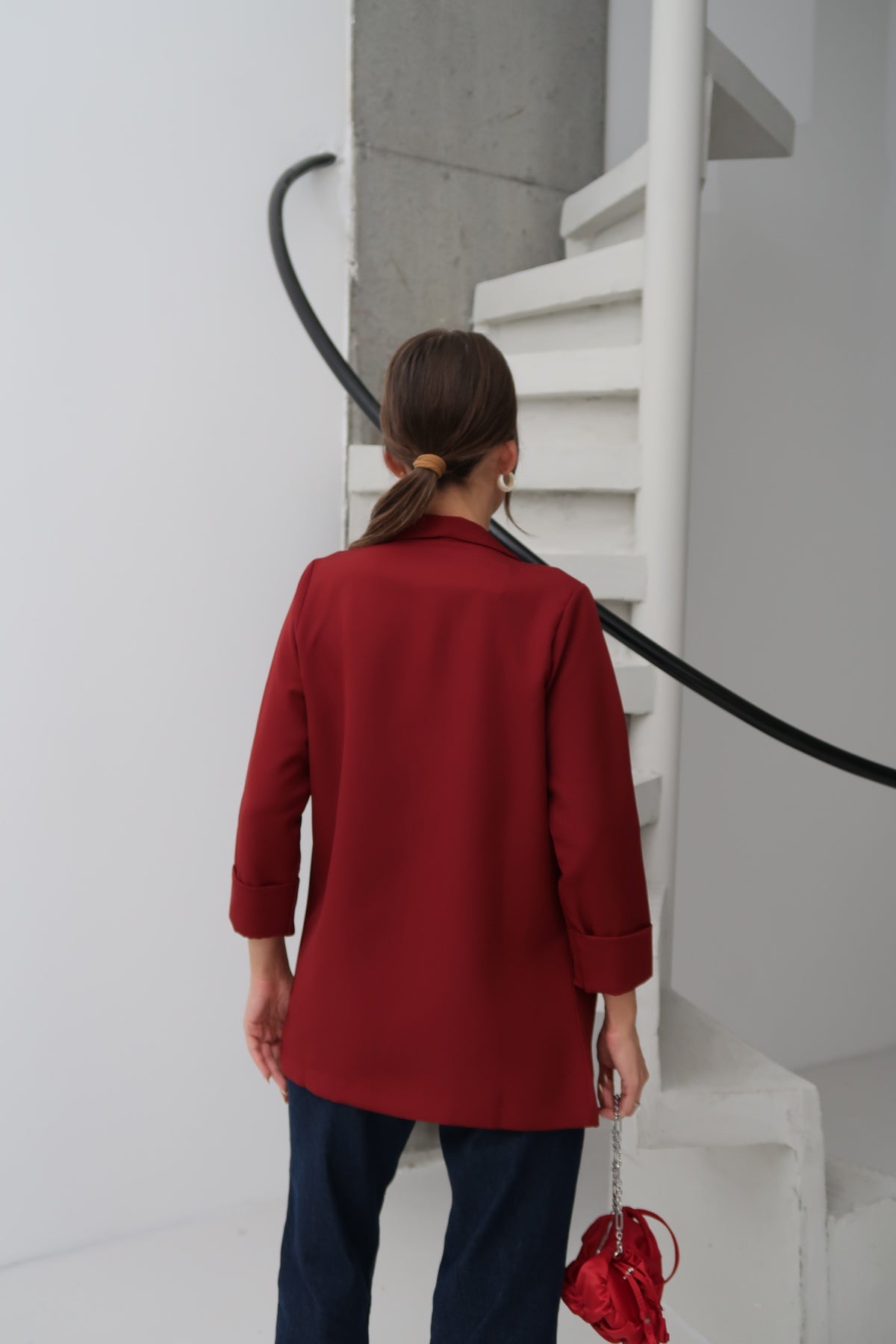 PWG0206251846 - Kadın Atlas Kumaş Astarsız Blazer Ceket, Premium Kalite - Bordo