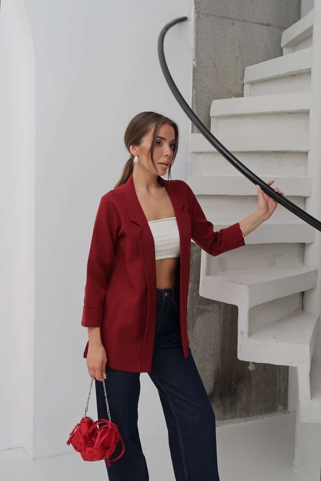 PWG0206251846 - Kadın Atlas Kumaş Astarsız Blazer Ceket, Premium Kalite - Bordo