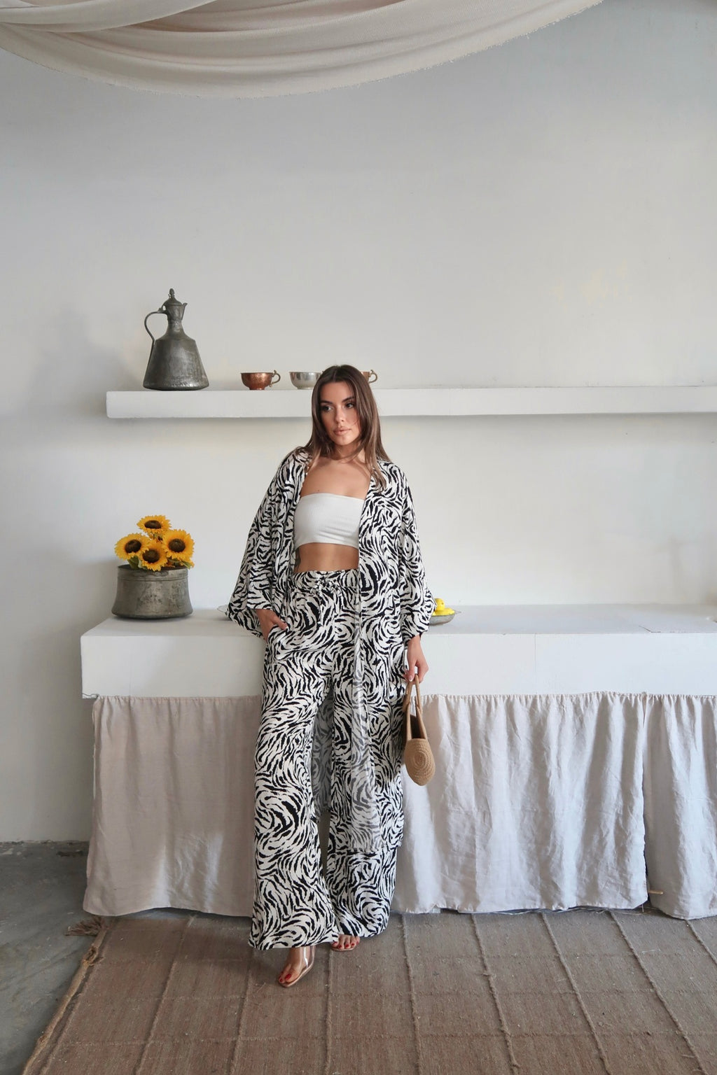 PWG1006251441 - Kadın Desenli Kimono Pantolonlu Yazlık Takım - Beyaz