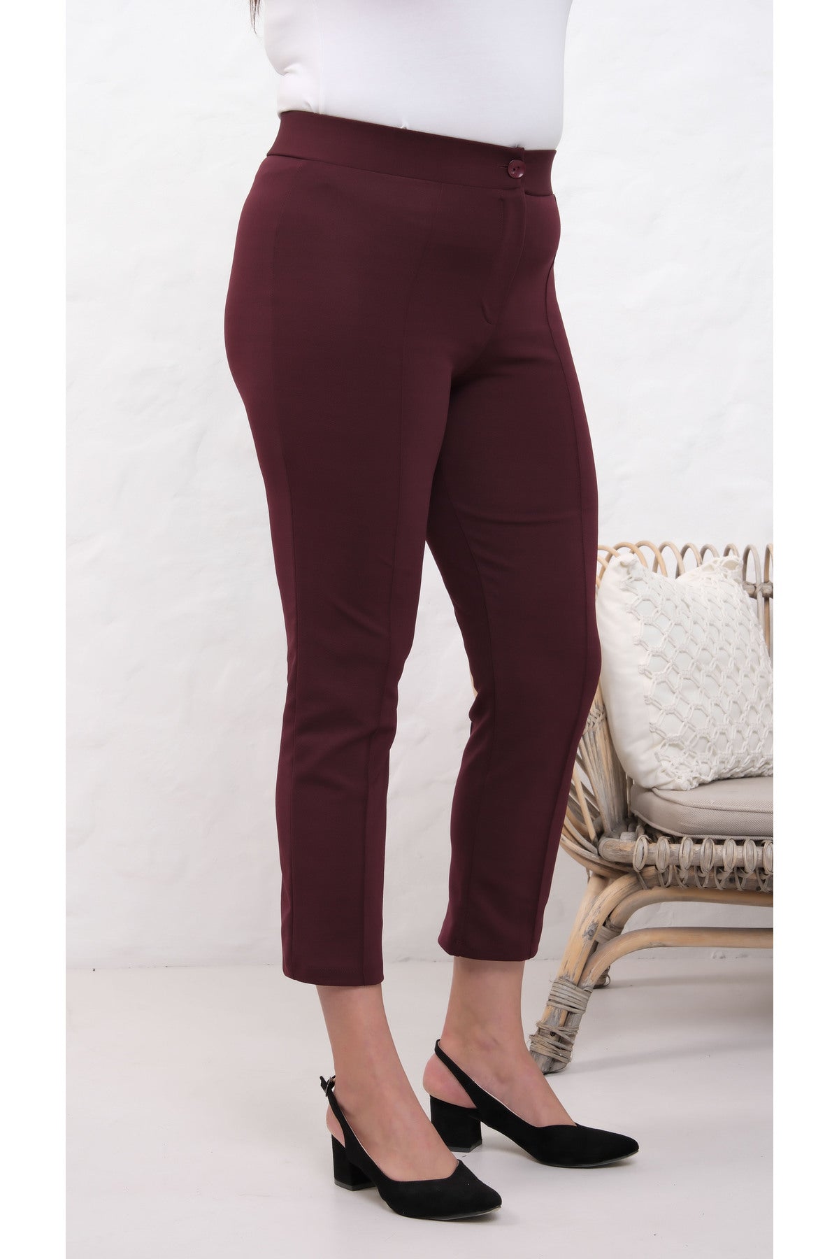 PWG909241317 - Likralı Bordo Büyük Beden Dar Paça Pantolon, 4 Mevsim, Vücudu Toplayan Pantolon