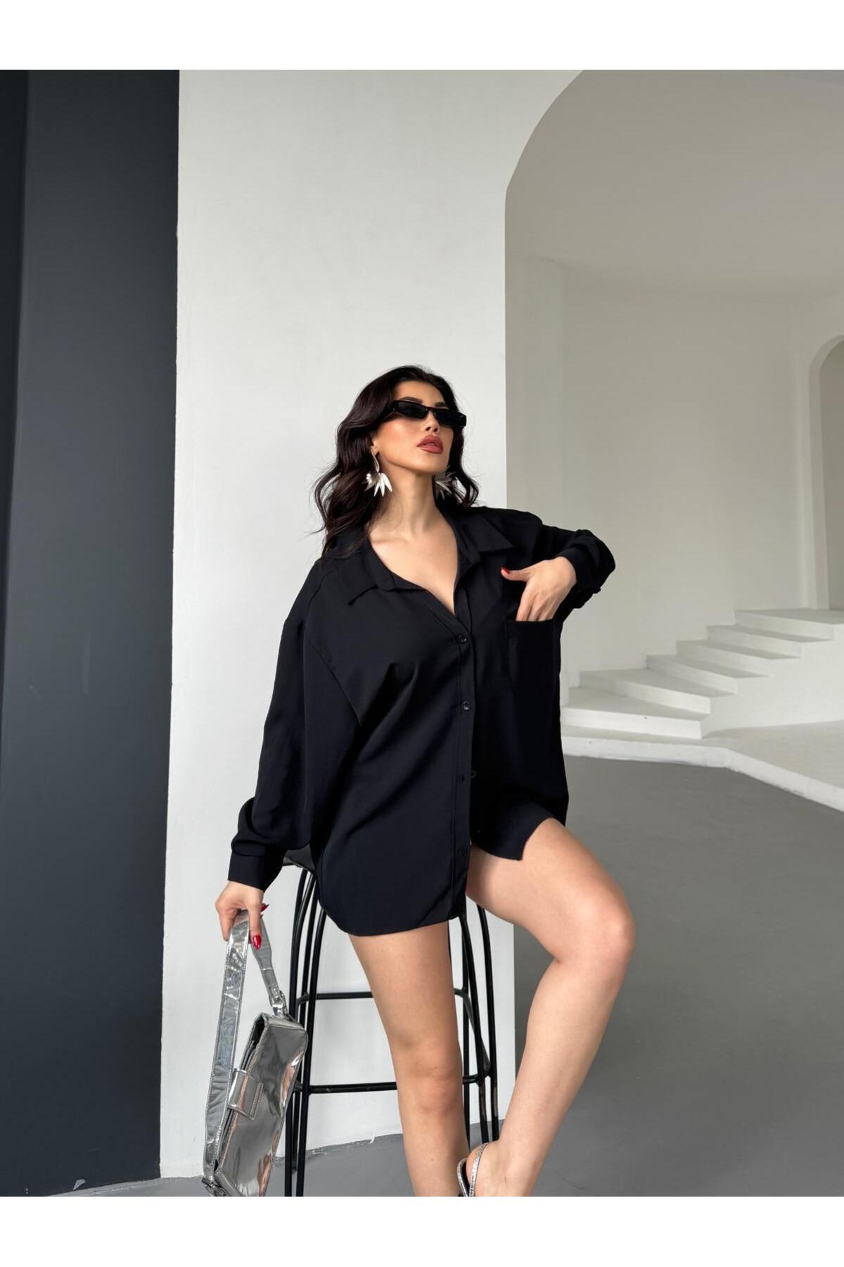 PWG903250053 - Kadın Flory Ayrobin Oversize Tek Cep Gömlek - Siyah