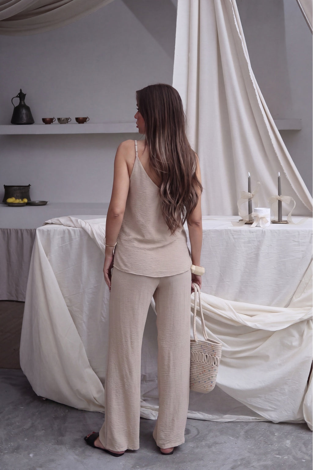 PWG2102250032 - Kadın Shay Askılı Bluz Bol Paça Pantolon Yazlık Alt-Üst Takım - Bej