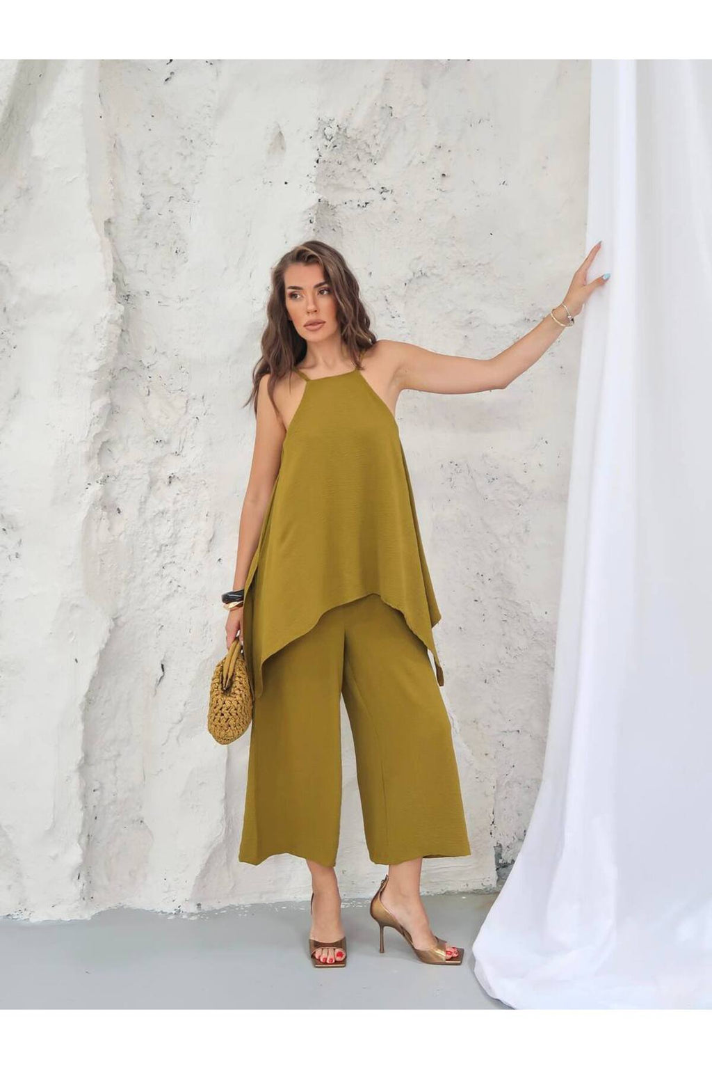 PWGY306 - Kadın Keys İthal Ayrobin Kumaş Bluz Detaylı Tulum - Olive