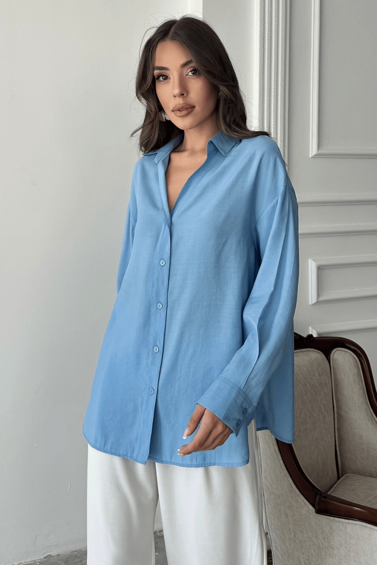 PWG1504250126 - Kadın Freya Modal Kumaş Oversize Gömlek - Mavi