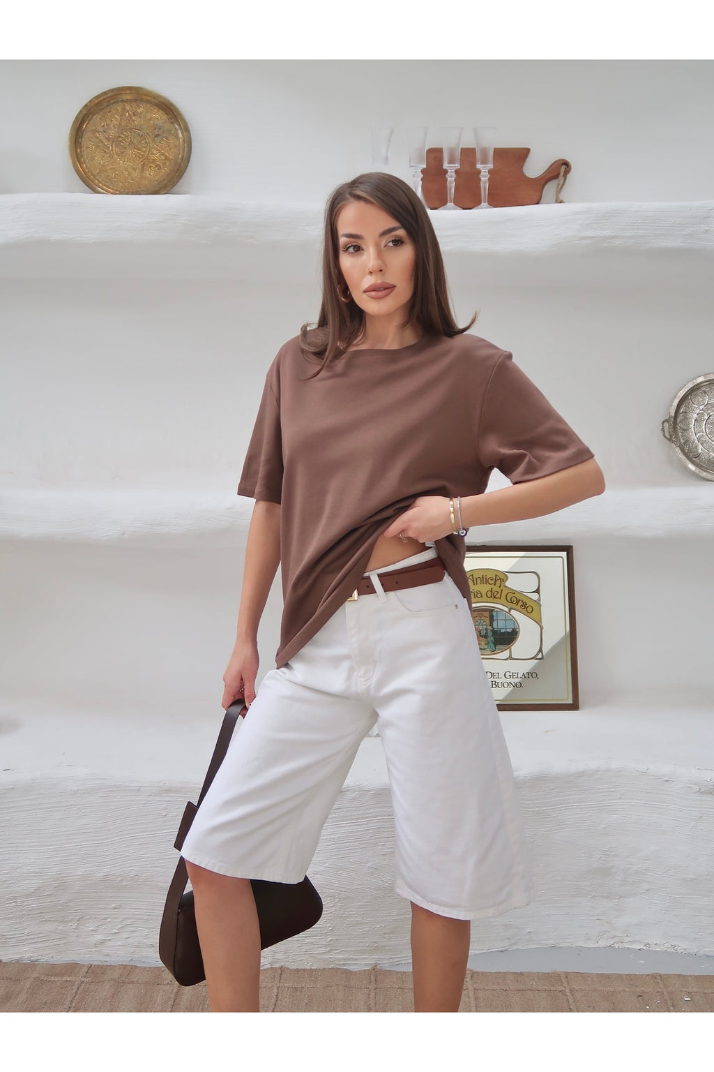 PWGY298 - Kadın Mia İnterlok Kumaş Bisiklet Yaka Oversize T-Shirt - Kahverengi