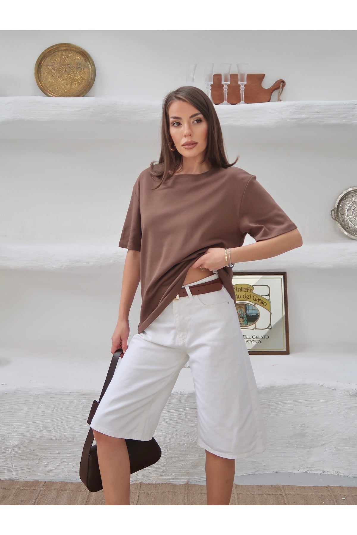 PWGY298 - Kadın Mia İnterlok Kumaş Bisiklet Yaka Oversize T-Shirt - Kahverengi