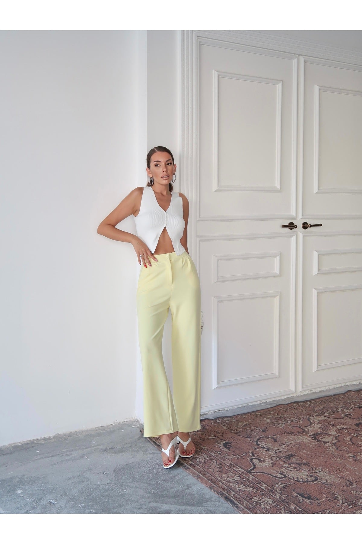 PWG1308251921 - Kadın Loretta Beli Pileli Palazzo Pantolon - Sarı