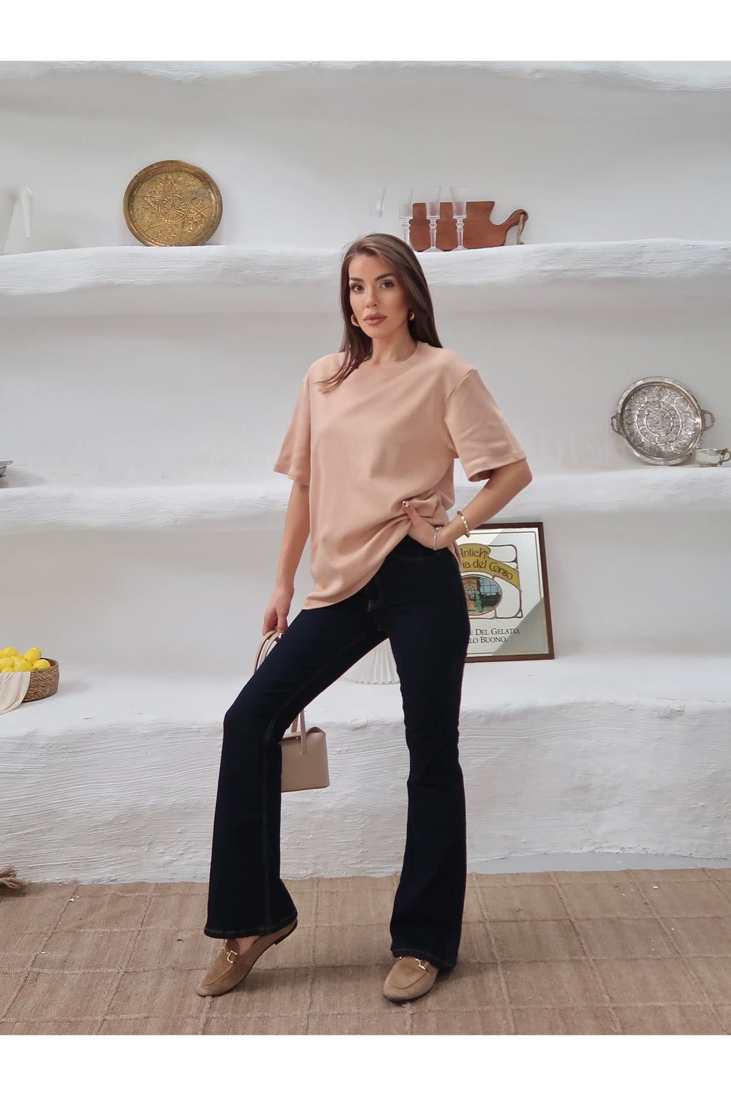 PWGY298 - Kadın Mia İnterlok Kumaş Bisiklet Yaka Oversize T-Shirt - Somon