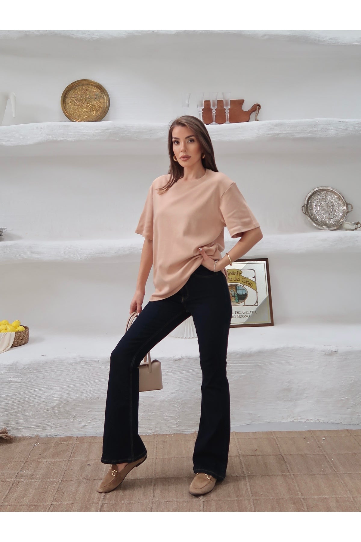 PWGY298 - Kadın Mia İnterlok Kumaş Bisiklet Yaka Oversize T-Shirt - Somon