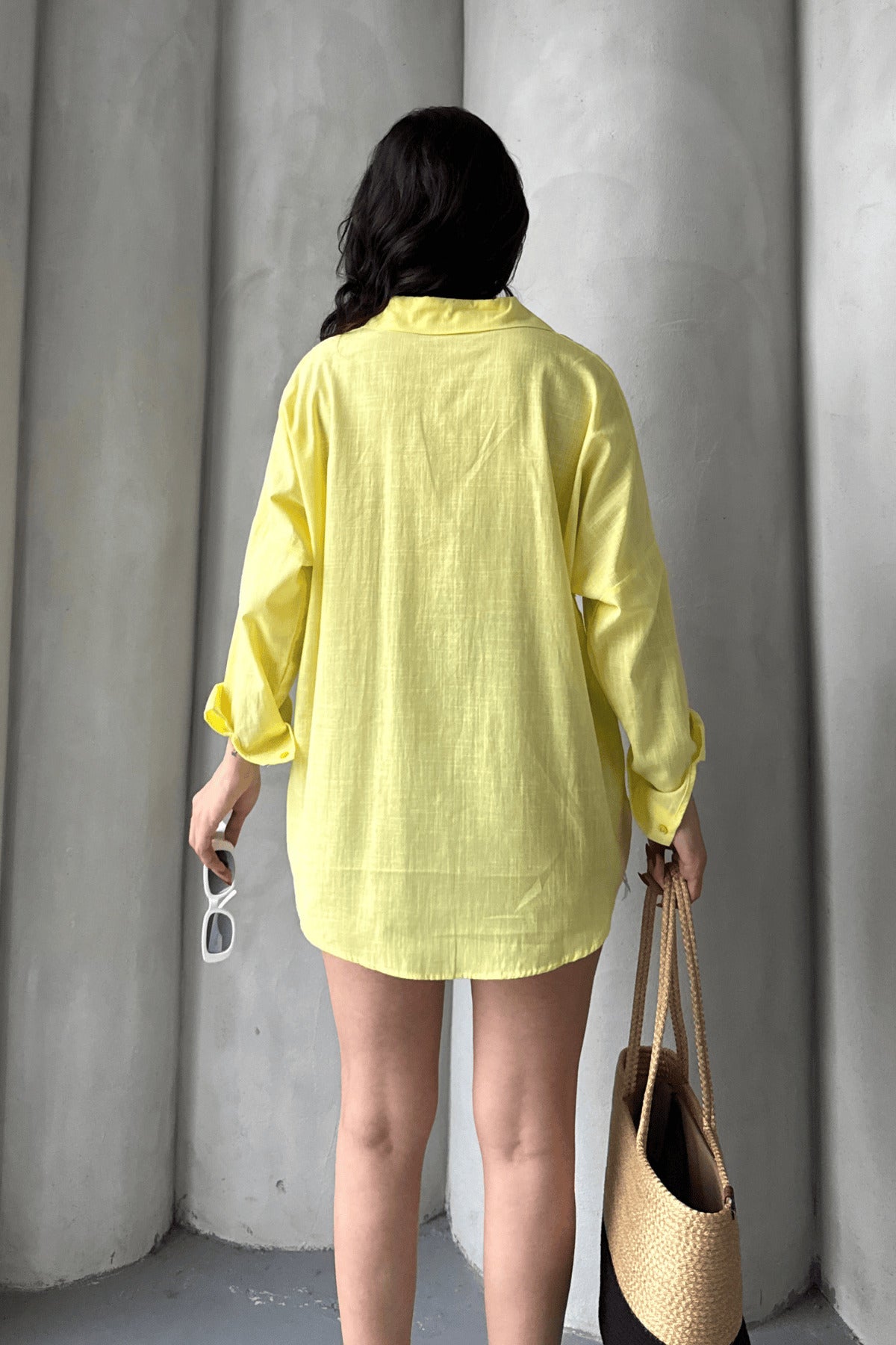 PWG1504250420 - Kadın Harper Çift Cepli Oversize Keten Gömlek, 2025 Summer Collection - Sarı