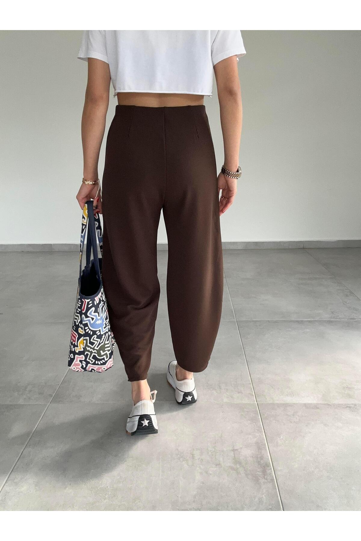 PWG0709241607 - Kemersiz Balon Pantolon, 4 Mevsim, Krep Kumaş, Full Likralı - Kahve