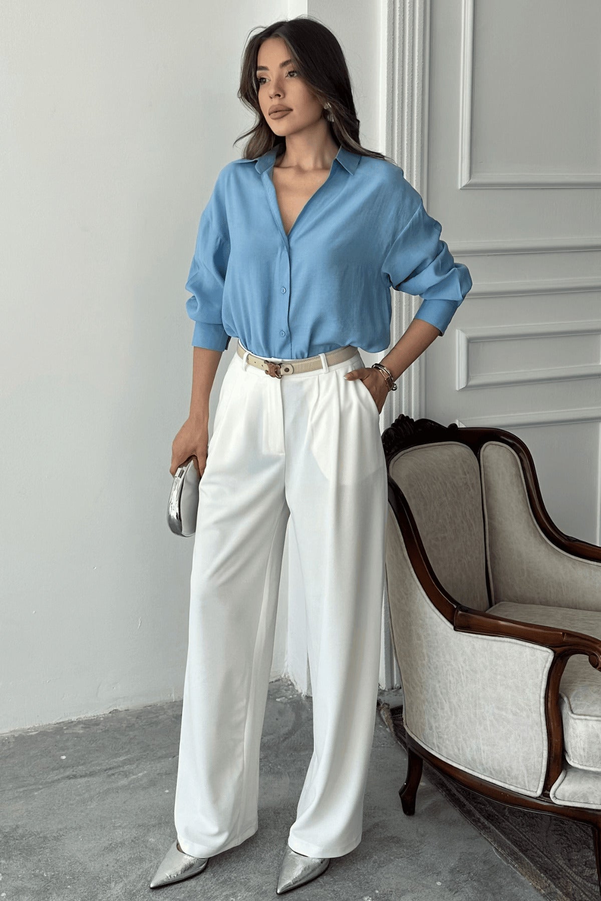 PWG1504250126 - Kadın Freya Modal Kumaş Oversize Gömlek - Mavi
