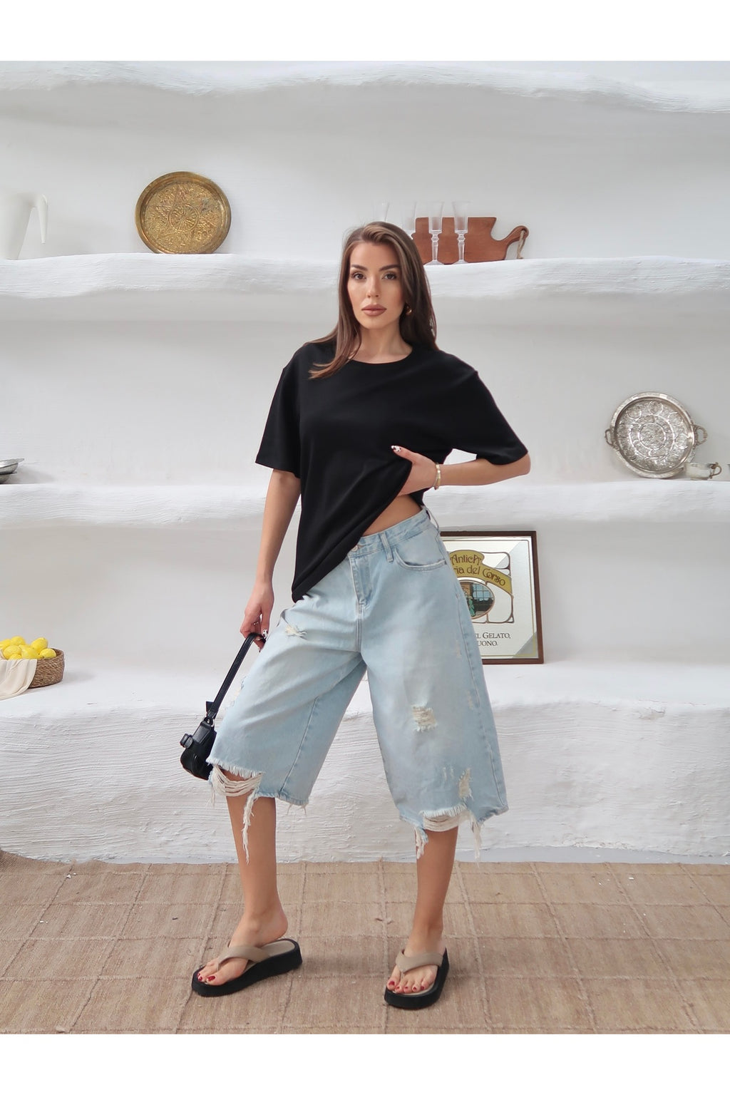 PWGY298 - Kadın Mia İnterlok Kumaş Bisiklet Yaka Oversize T-Shirt - Siyah