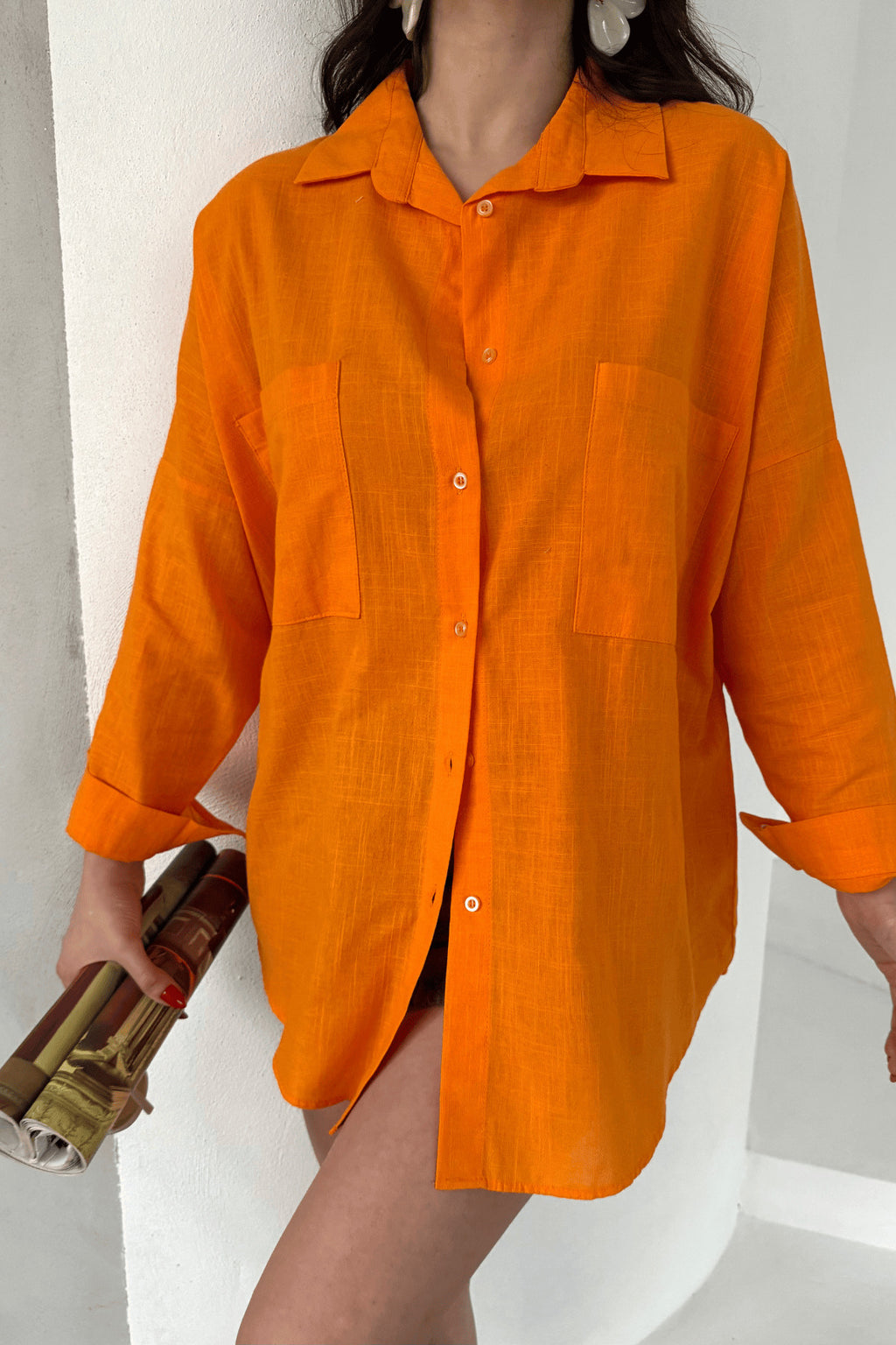 PWG1504250420 - Kadın Harper Çift Cepli Oversize Keten Gömlek, 2025 Summer Collection - Turuncu