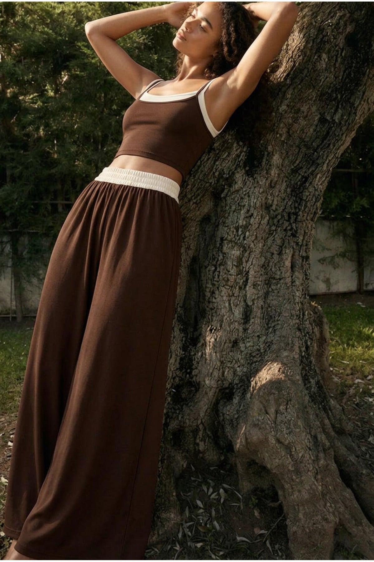 PWGKLAY - Kadın Klay Soft Modal Garnili Crop Pantolon Takım - Kahverengi