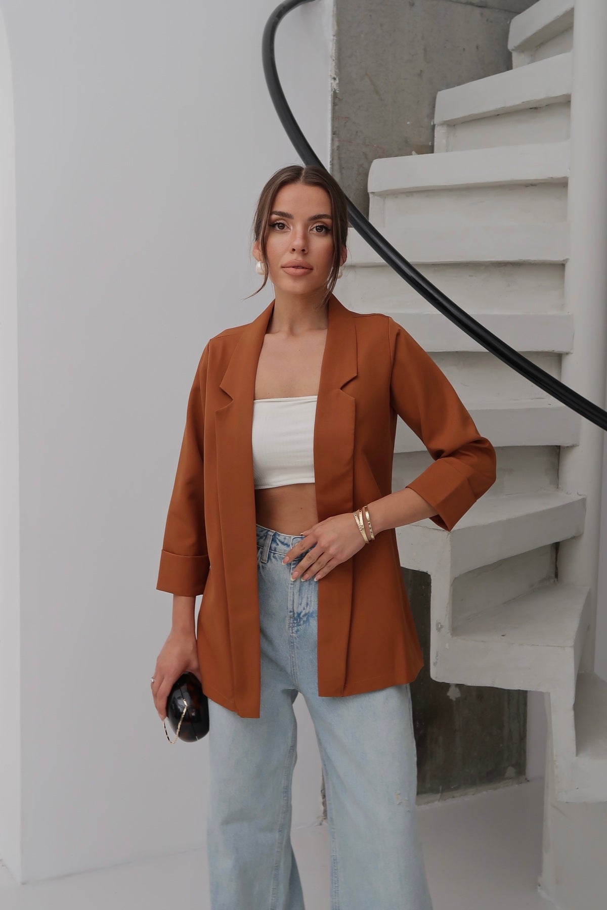 PWG0206251846 - Kadın Atlas Kumaş Astarsız Blazer Ceket, Premium Kalite - Tarçın