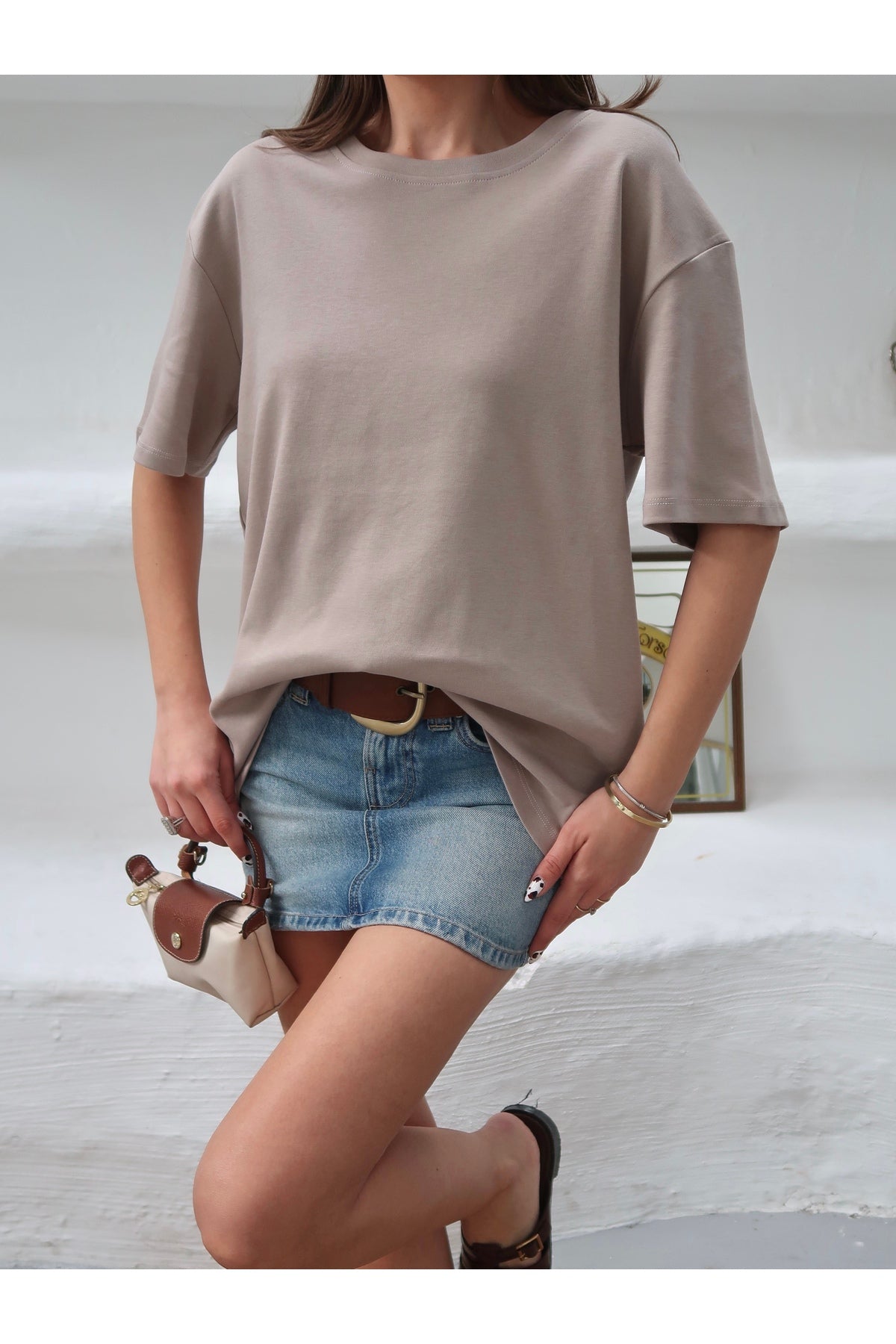 PWGY298 - Kadın Mia İnterlok Kumaş Bisiklet Yaka Oversize T-Shirt - Vizon