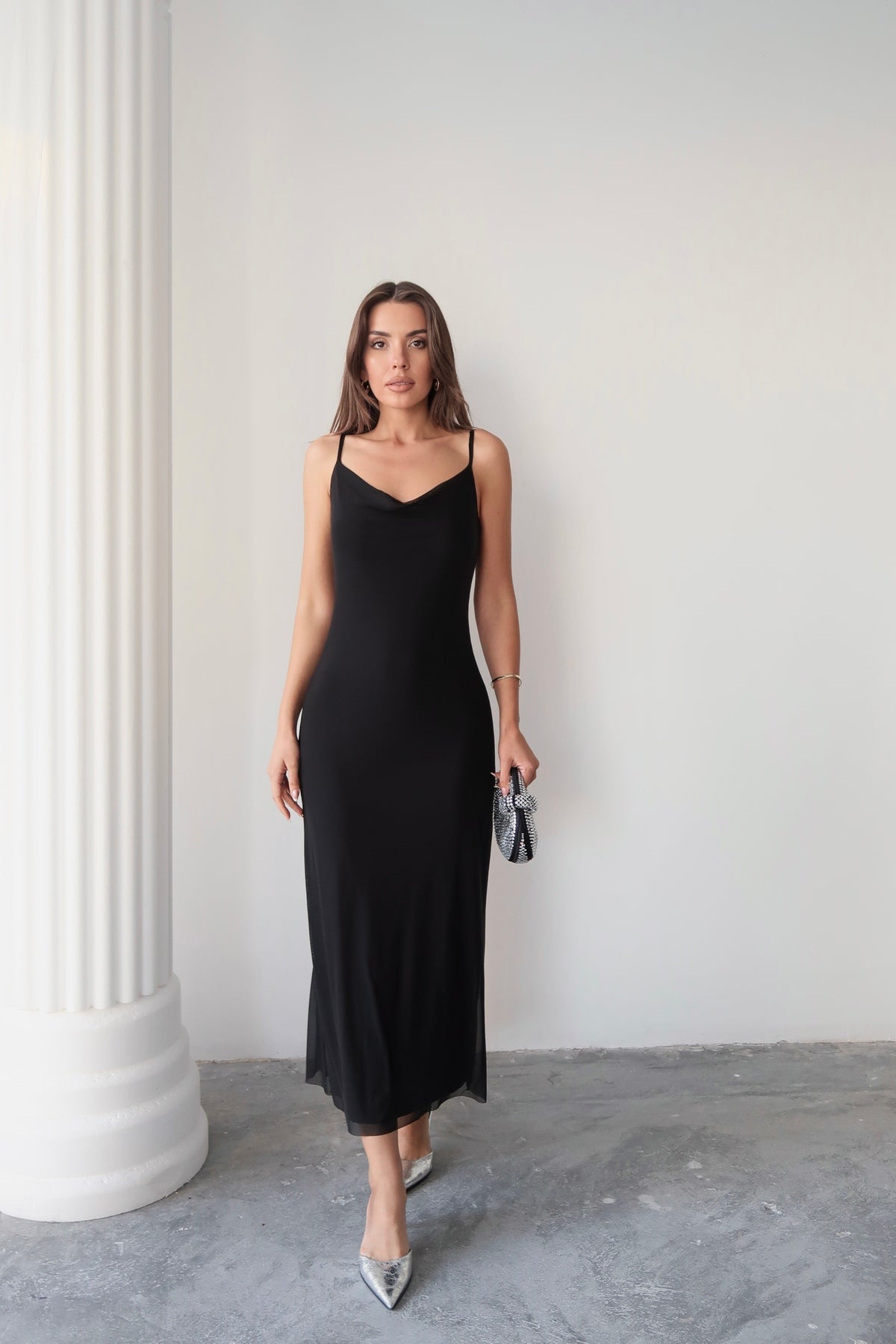 PWG0904251736 - Kadın Megan Degaje Yaka Ayarlanabilir Askılı Astarlı Elbise - Siyah