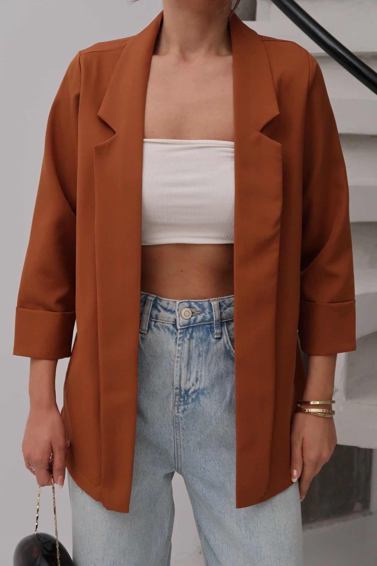 PWG0206251846 - Kadın Atlas Kumaş Astarsız Blazer Ceket, Premium Kalite - Tarçın