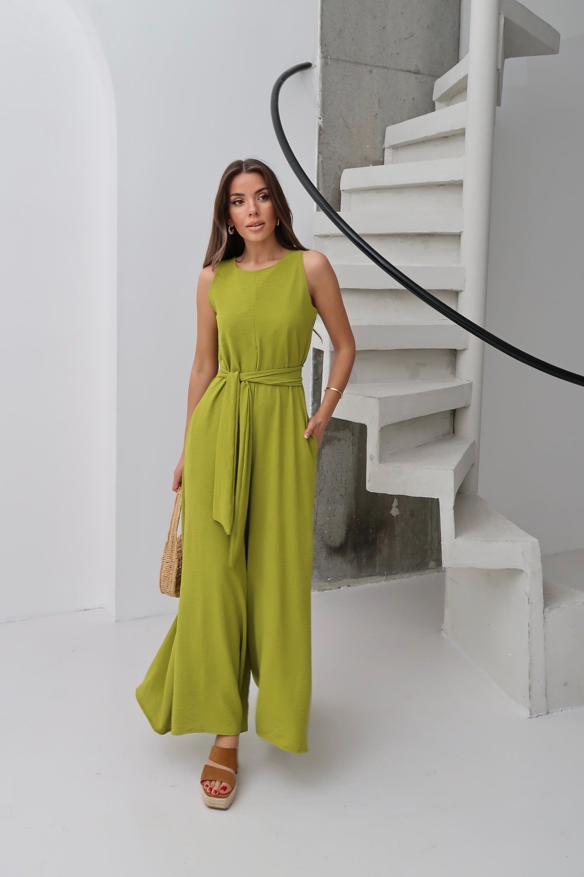 PWG2703251506 - Kadın Deta Olive Kuşaklı Cepli Ayrobin Kumaş Tulum