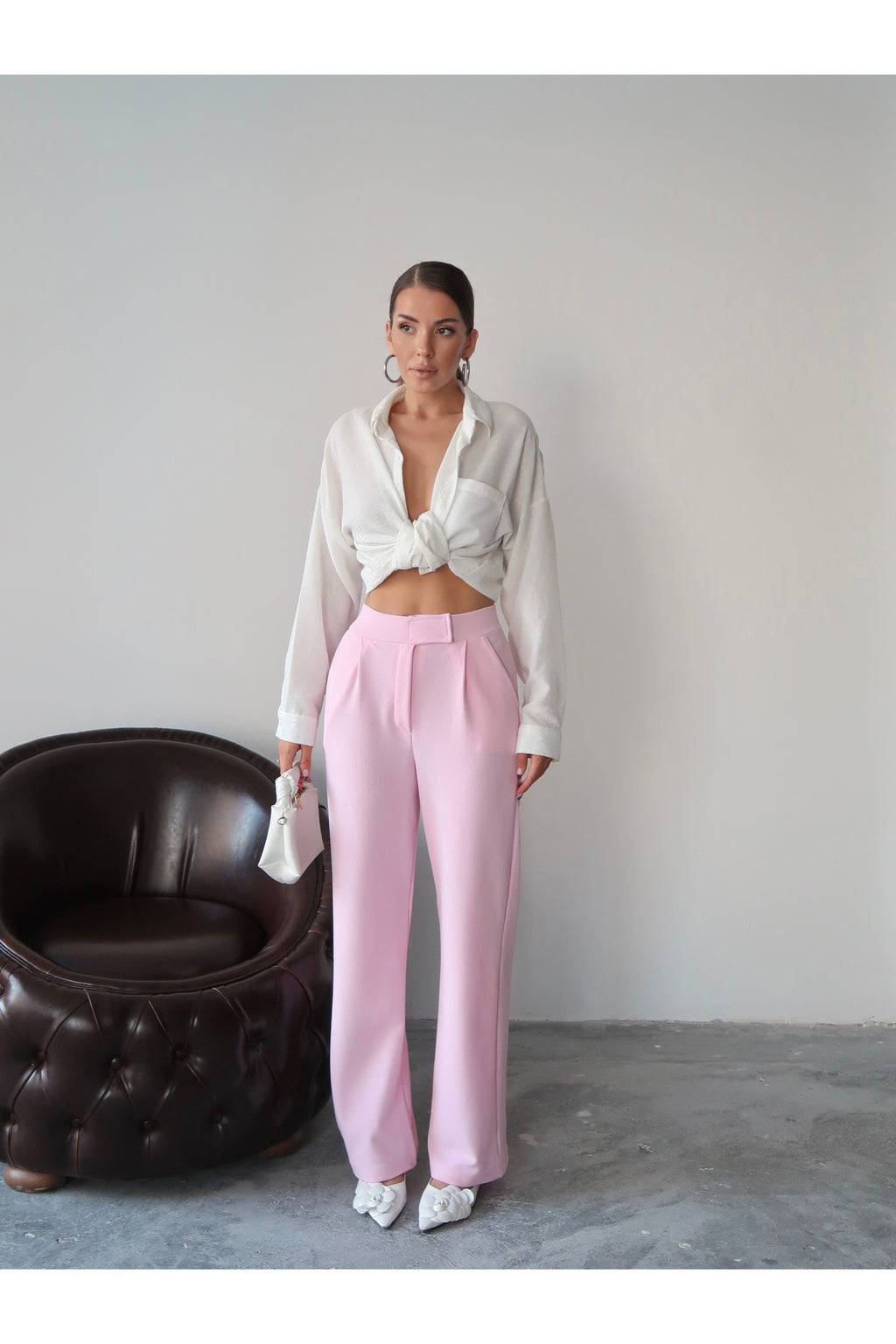 PWG1308252019 - Kadın Valeria Beli Cırt Cırtlı Palazzo Pantolon, Krep Kumaş, 4 Mevsim - Pembe