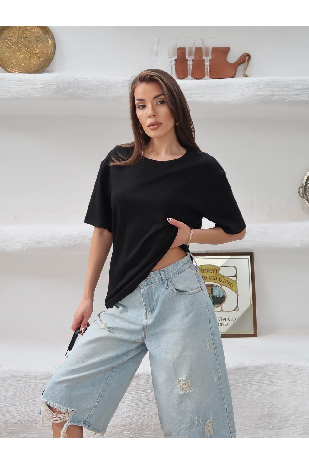 PWGY298 - Kadın Mia İnterlok Kumaş Bisiklet Yaka Oversize T-Shirt - Siyah