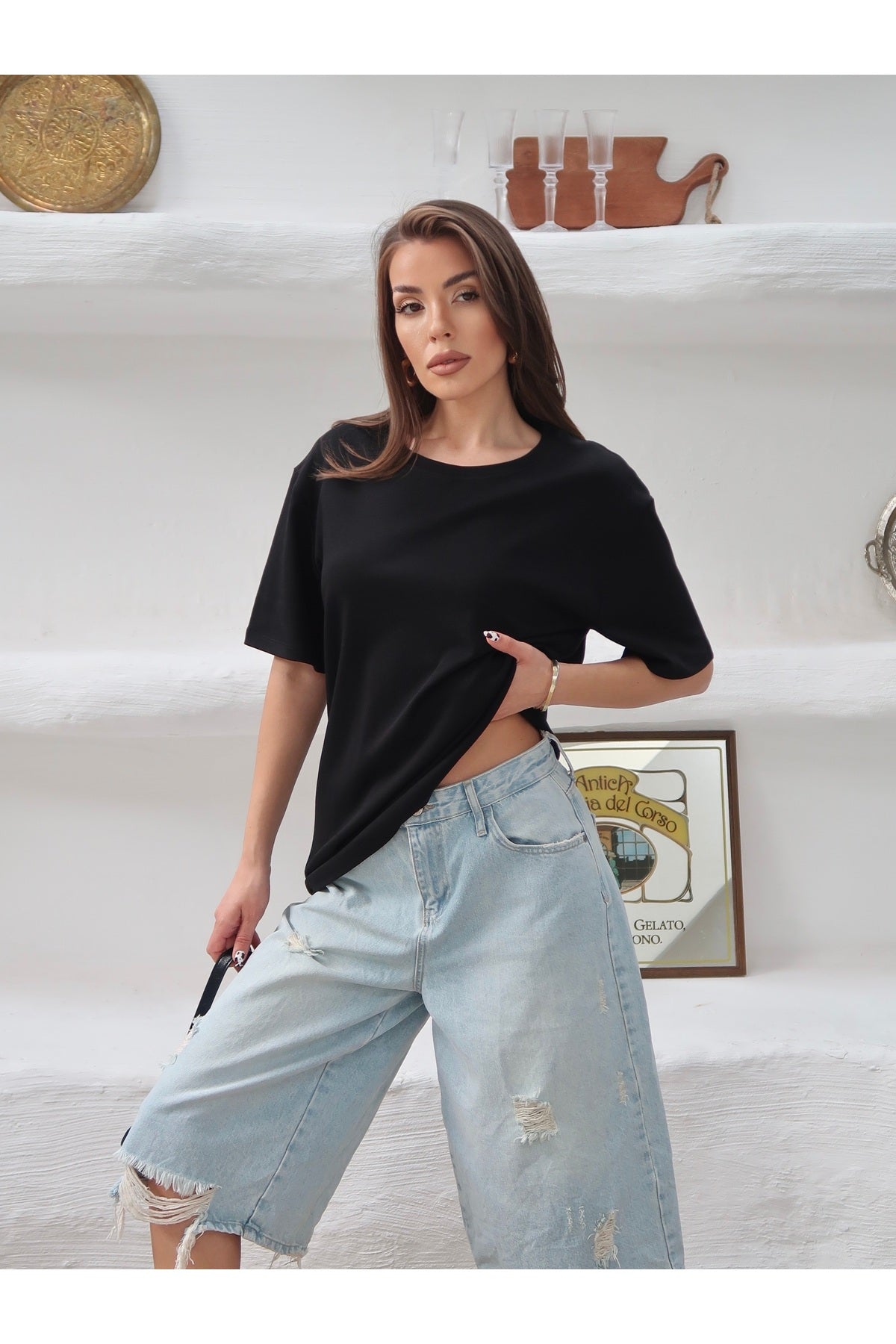 PWGY298 - Kadın Mia İnterlok Kumaş Bisiklet Yaka Oversize T-Shirt - Siyah