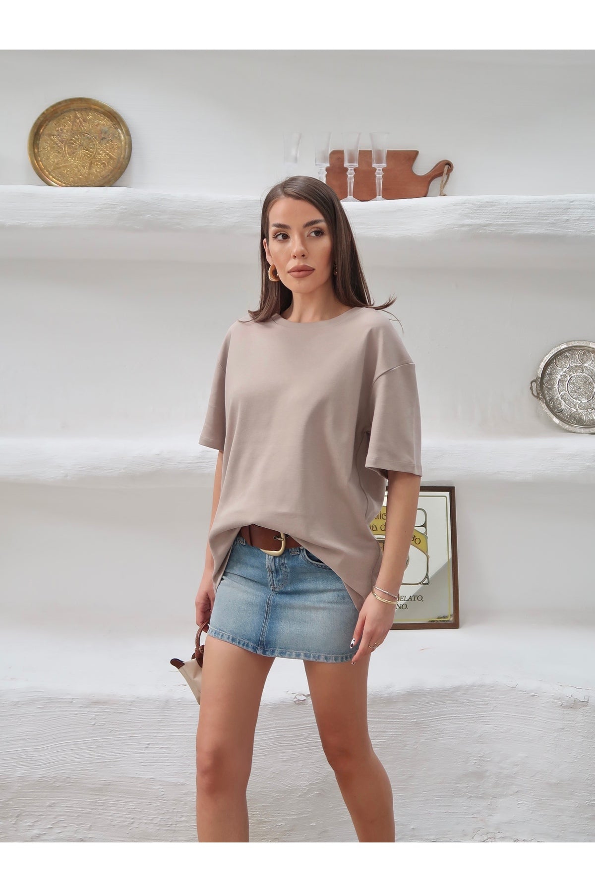 PWGY298 - Kadın Mia İnterlok Kumaş Bisiklet Yaka Oversize T-Shirt - Vizon