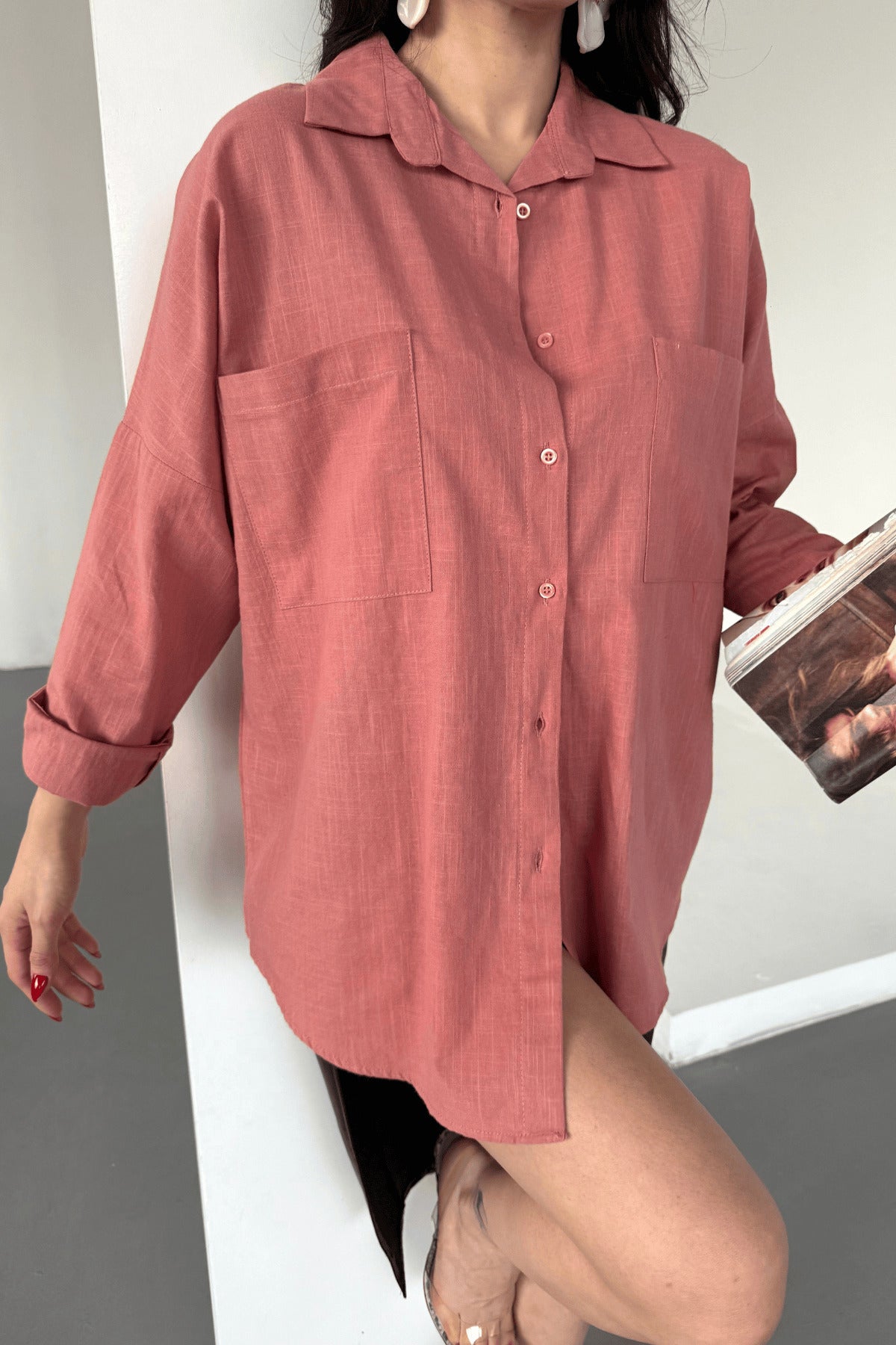 PWG1504250420 - Kadın Harper Çift Cepli Oversize Keten Gömlek, 2025 Summer Collection - Gül Kurusu