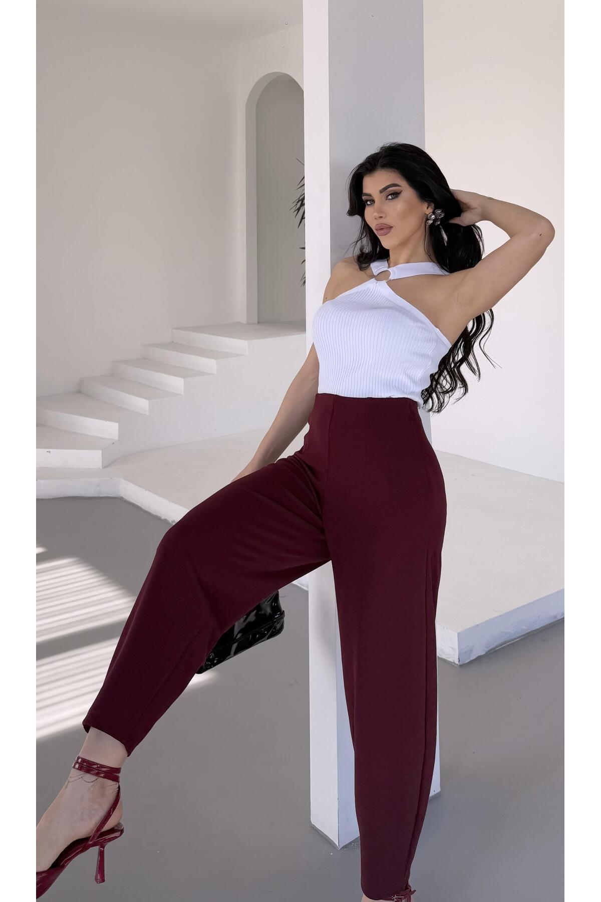 PWG2002252342 - Kadın Bernis Bordo Balon Pantolon, Beli Lastikli Şalvar Model Krep Balon Pantolon Basen Gizleyen