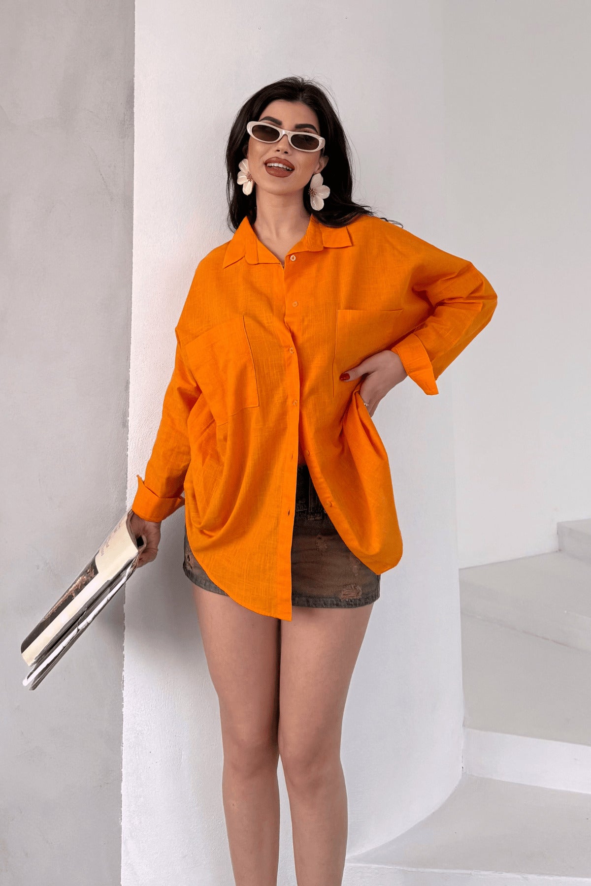 PWG1504250420 - Kadın Harper Çift Cepli Oversize Keten Gömlek, 2025 Summer Collection - Turuncu