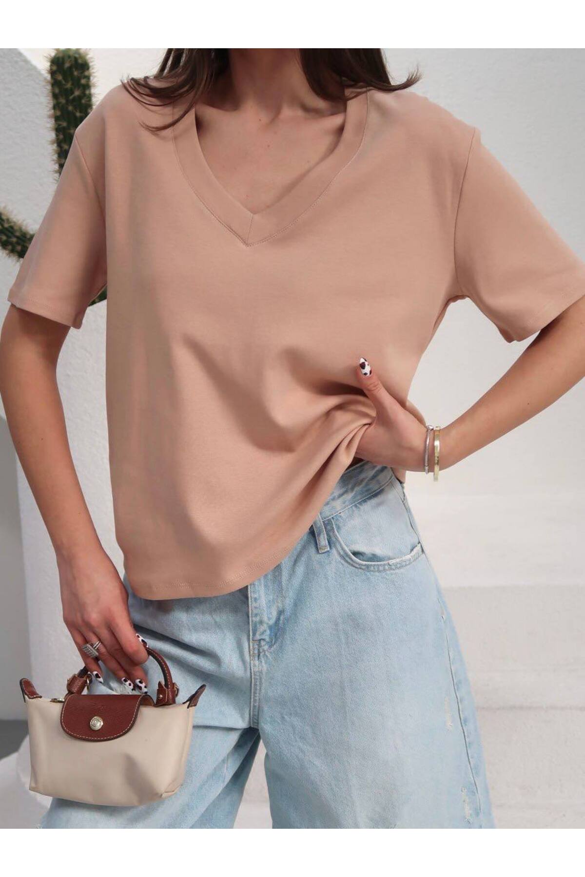 PWGY285 - Kadın Massi İnterlok Kumaş V Yaka Oversize T-Shirt - Somon