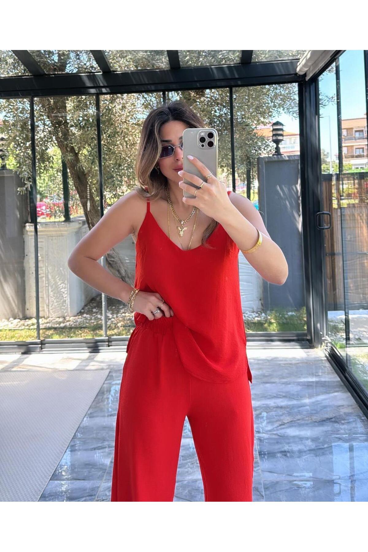 PWG2102250032 - Kadın Shay Kırmızı Ayrobin Ip Askılı Bluz Bol Paça Pantolon Takım, Yaz Yeni Sezon