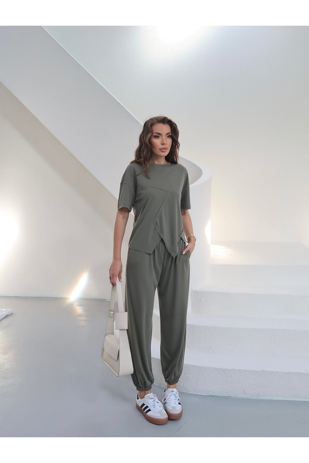 PWGY262 - Kadın Selena Modal Pike Kumaş Parçalı Jogger Takım - Haki