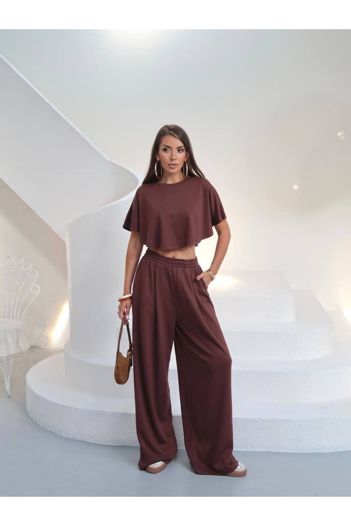 PWGY270 - Kadın Elina Pelerin Bluz Palazzo Pantolon Takım - Yazlık Modal Kumaş - Kahverengi