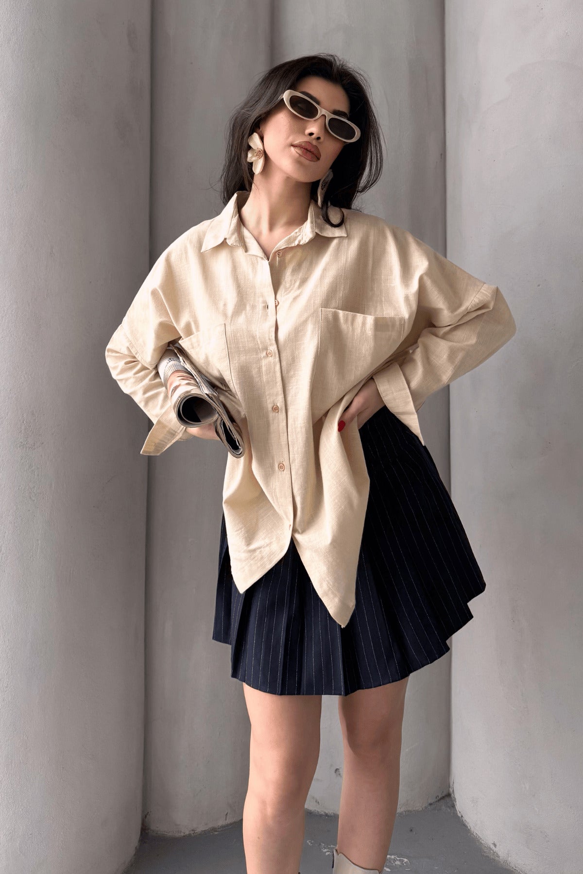 PWG1504250420 - Kadın Harper Çift Cepli Oversize Keten Gömlek, 2025 Summer Collection - Taş