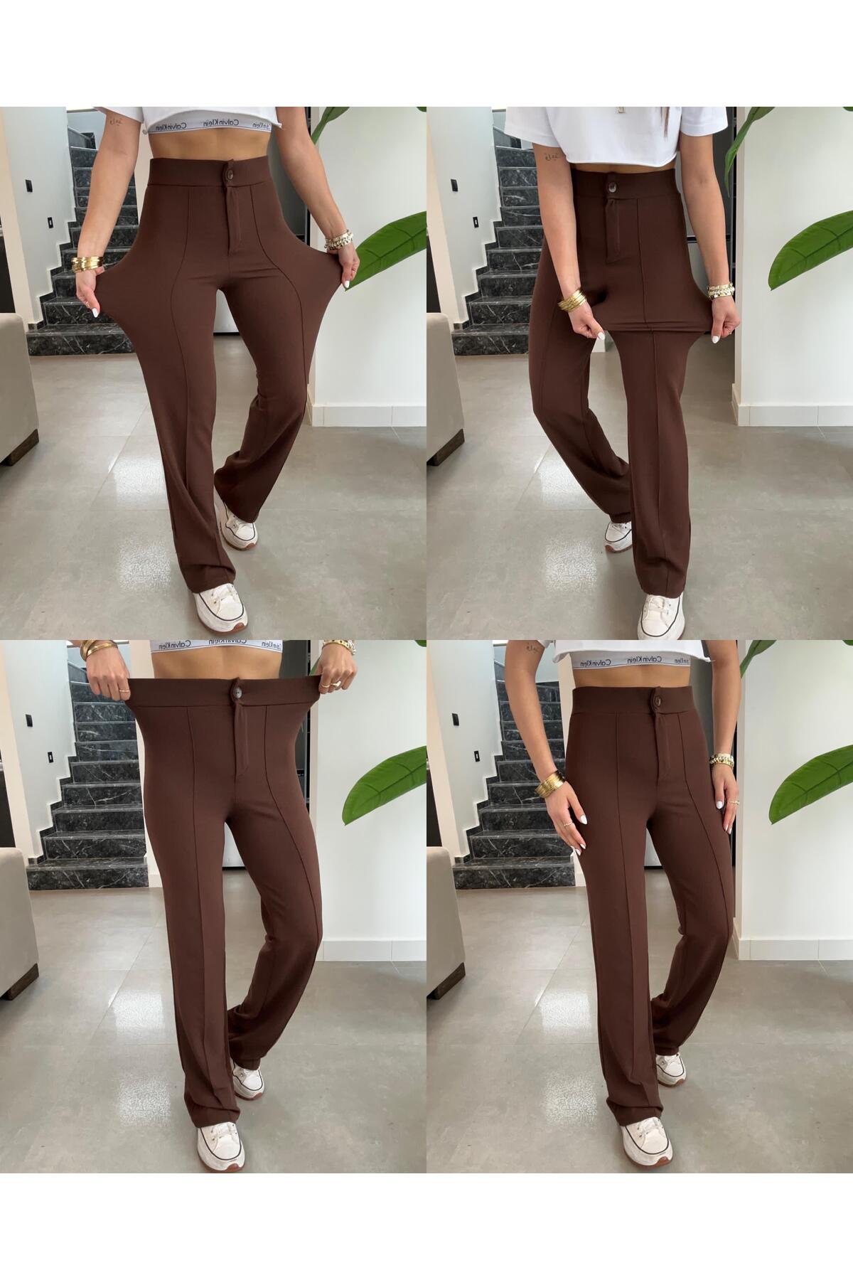PWG3011241444 - Çimalı Palazzo Pantolon, 4 Mevsim, En Boy Likralı, Favori Pantolon, İş Pantolonu - Kahve