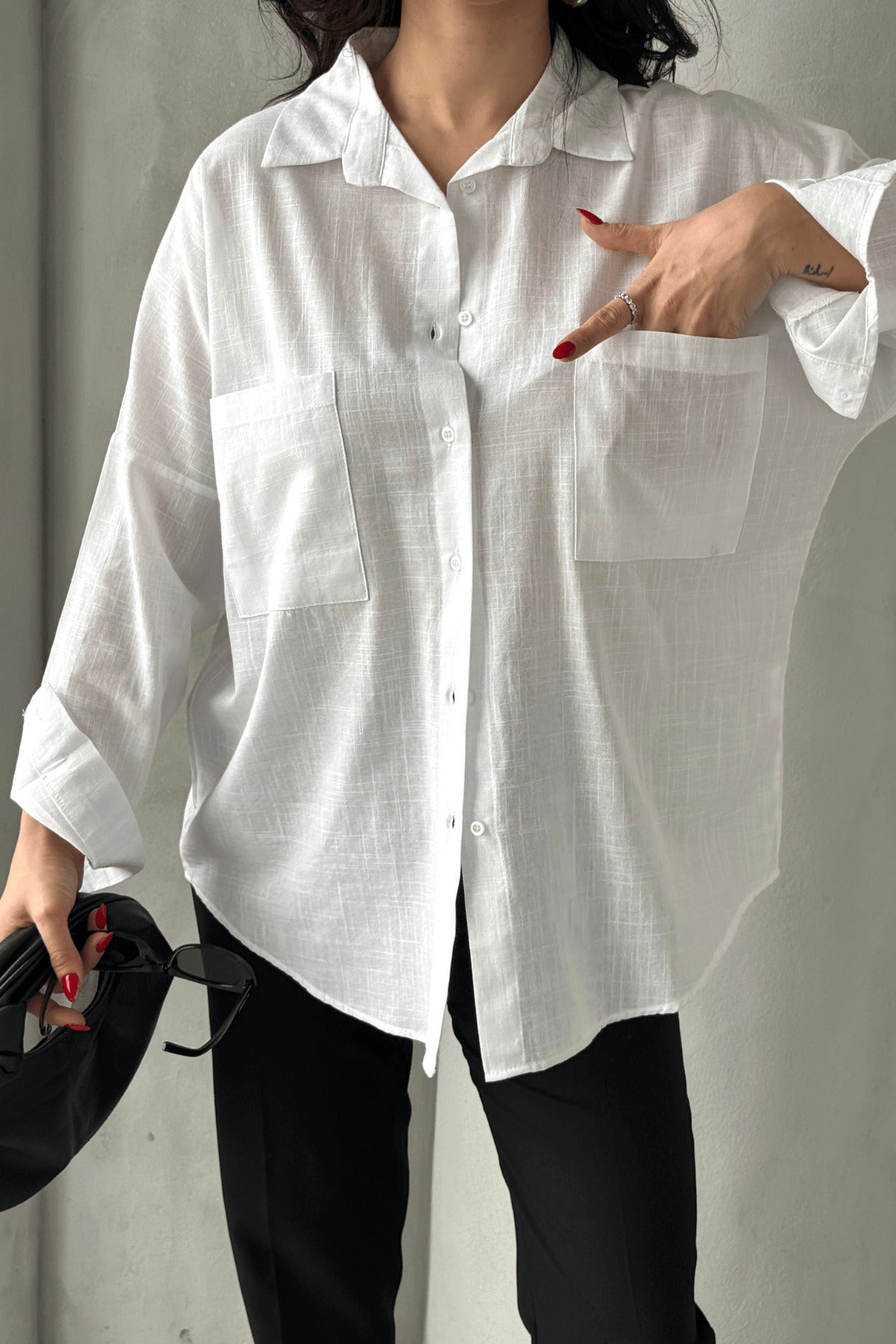 PWG1504250420 - Kadın Harper Çift Cepli Oversize Keten Gömlek, 2025 Summer Collection - Beyaz