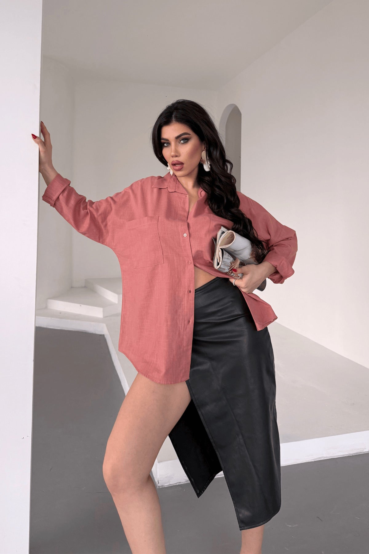 PWG1504250420 - Kadın Harper Çift Cepli Oversize Keten Gömlek, 2025 Summer Collection - Gül Kurusu
