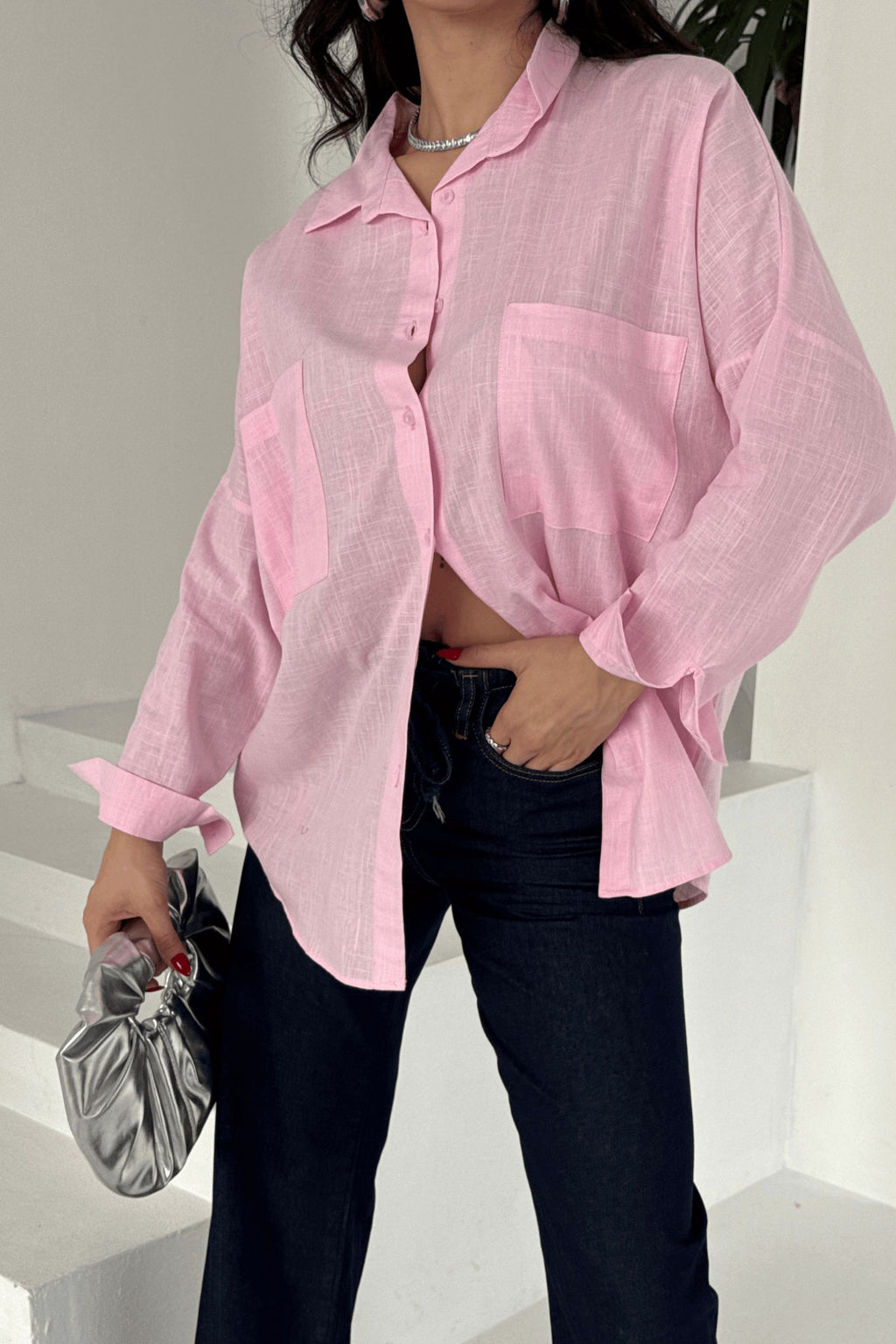 PWG1504250420 - Kadın Harper Çift Cepli Oversize Keten Gömlek, 2025 Summer Collection - Pembe