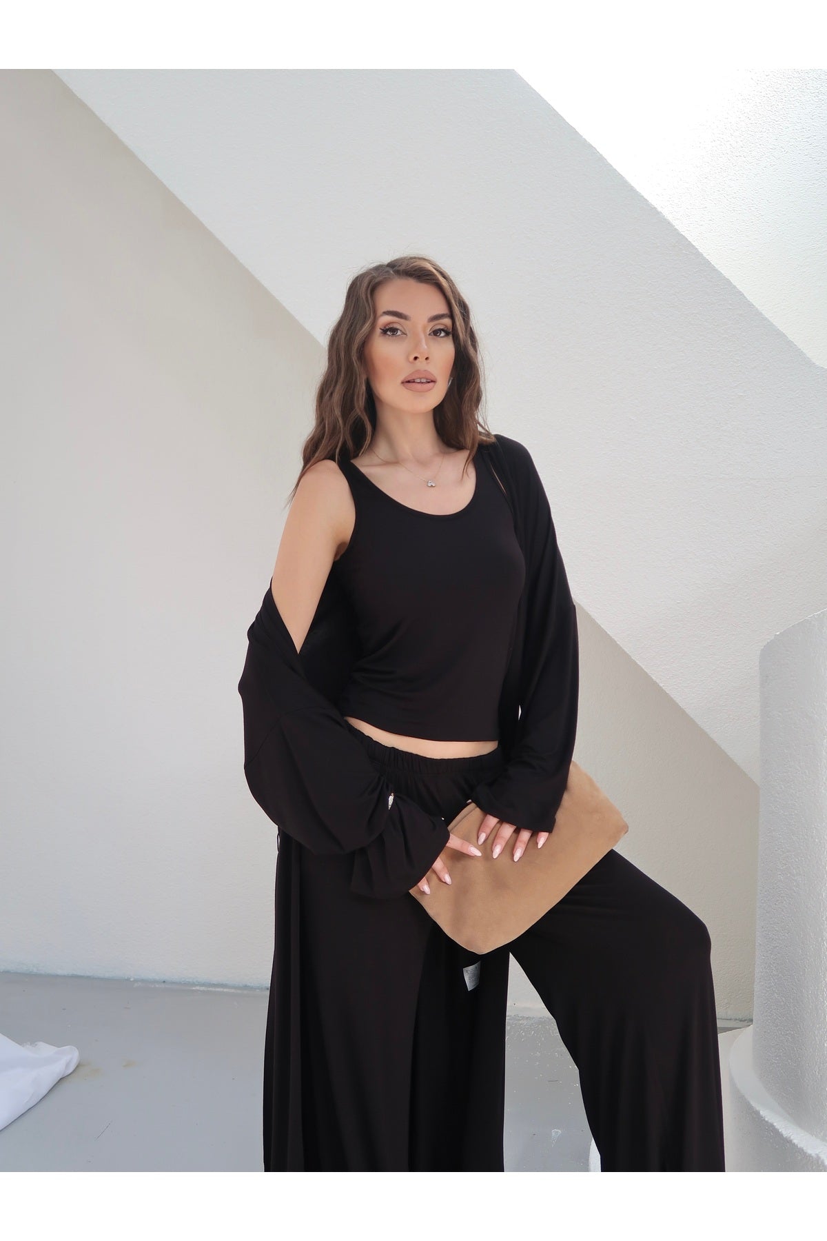 PWGY274 - Kadın Elara Ring Viskon Kumaş Atlet Pantolon Kimono 3’lü Takım - Siyah