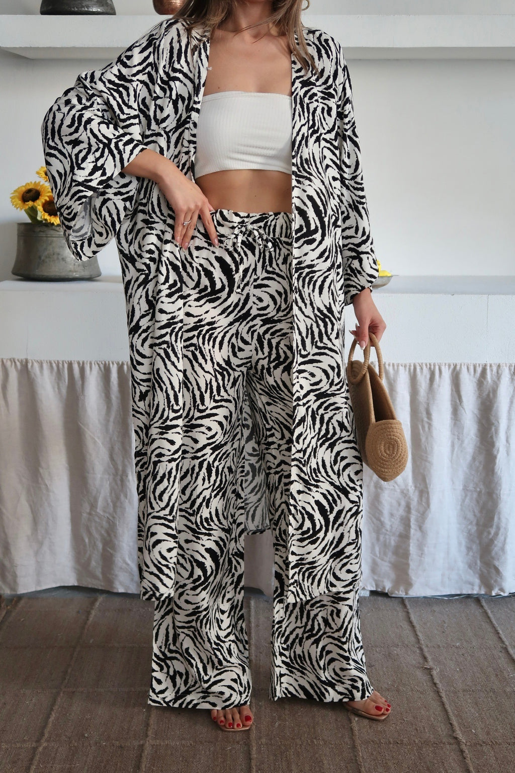 PWG1006251441 - Kadın Desenli Kimono Pantolonlu Yazlık Takım - Beyaz