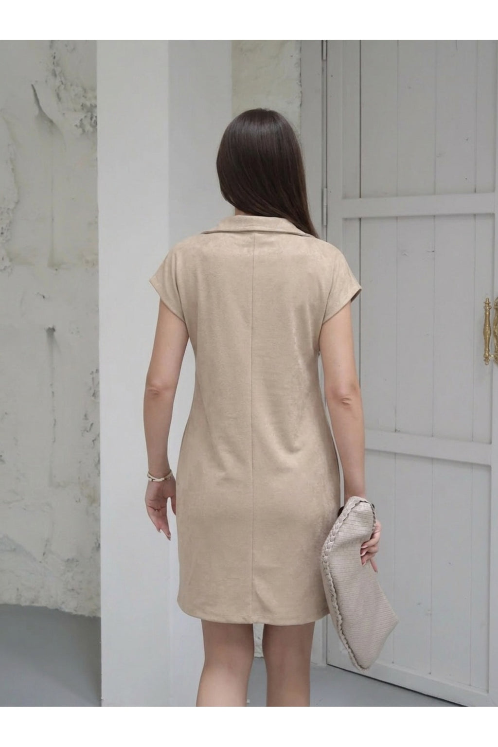 PWG1004250151 - Kadın Penny Polo Yaka Cepli Elbise - Soft Modal Kumaş - Taş