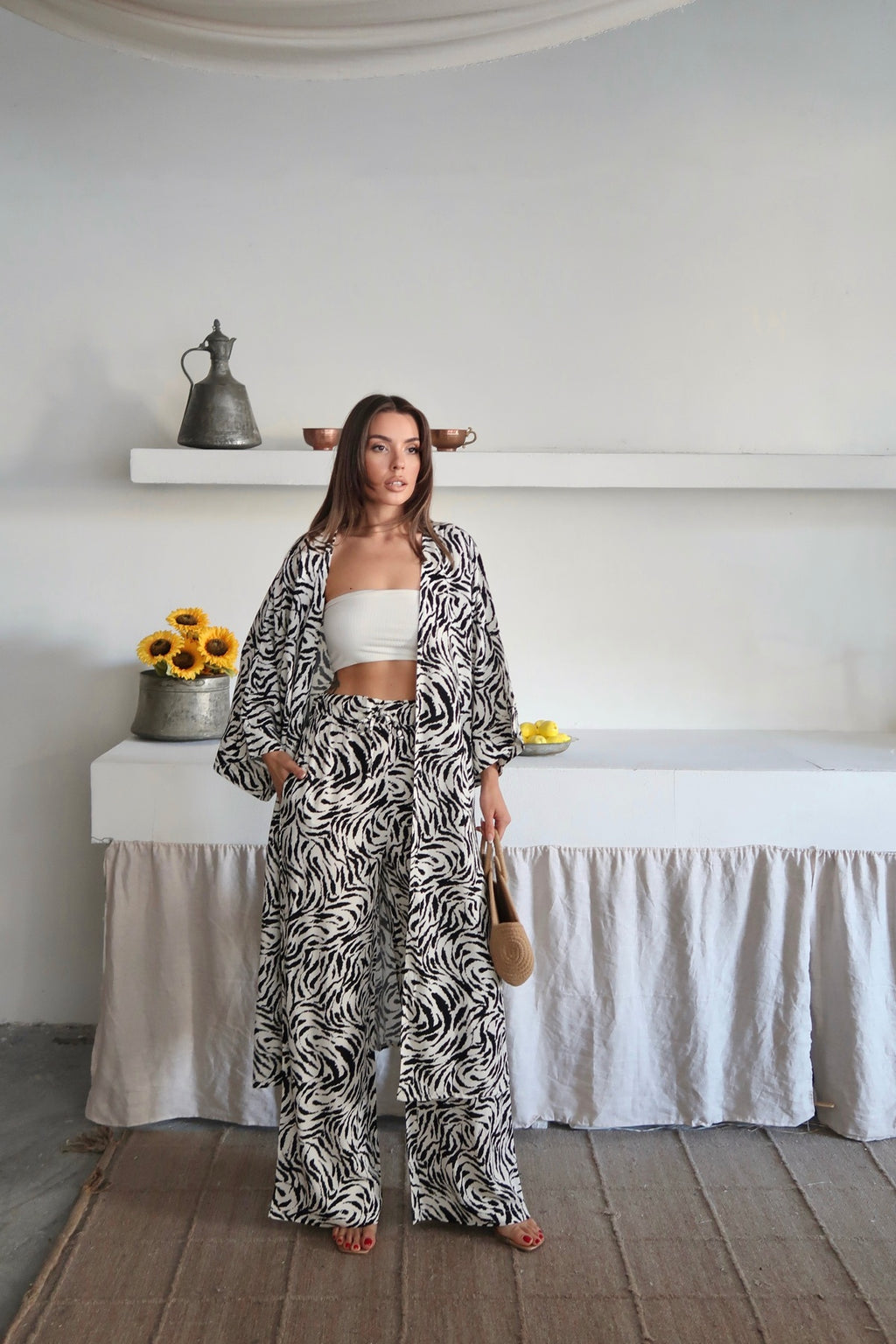 PWG1006251441 - Kadın Desenli Kimono Pantolonlu Yazlık Takım - Beyaz