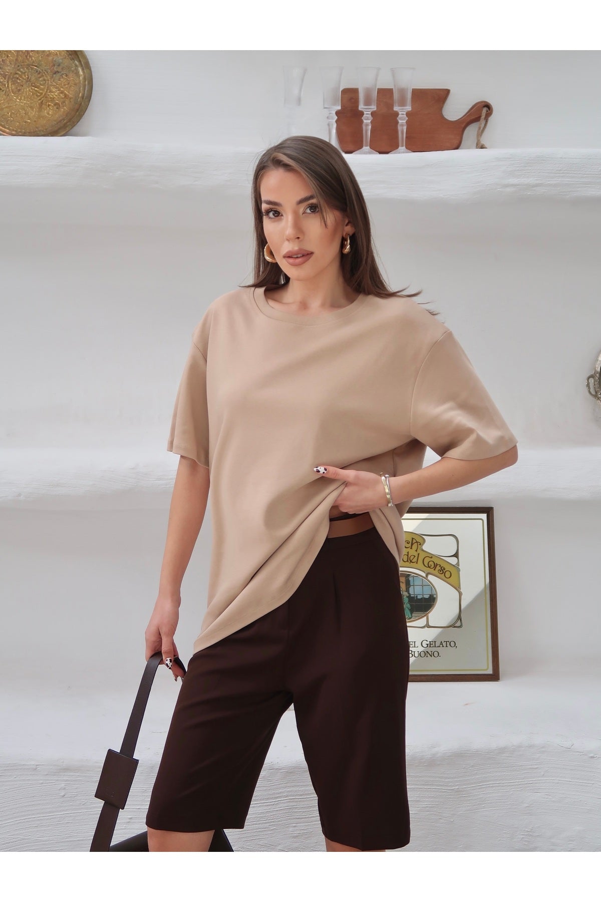 PWGY298 - Kadın Mia İnterlok Kumaş Bisiklet Yaka Oversize T-Shirt - Bej
