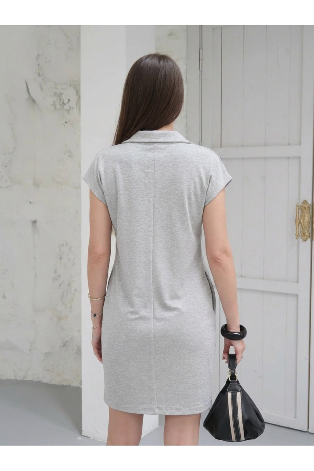 PWG1004250151 - Kadın Penny Polo Yaka Cepli Elbise - Soft Modal Kumaş - Gri Menaj