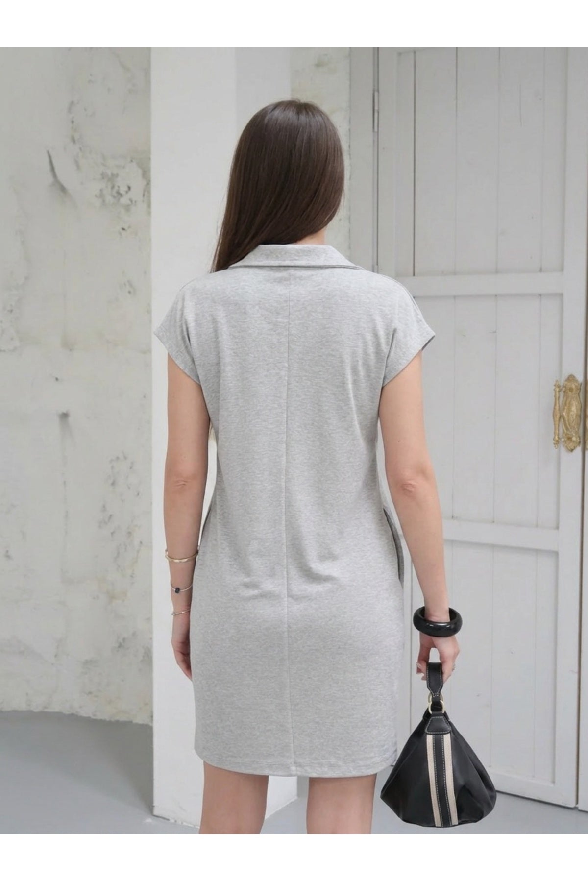 PWG1004250151 - Kadın Penny Polo Yaka Cepli Elbise - Soft Modal Kumaş - Gri Menaj