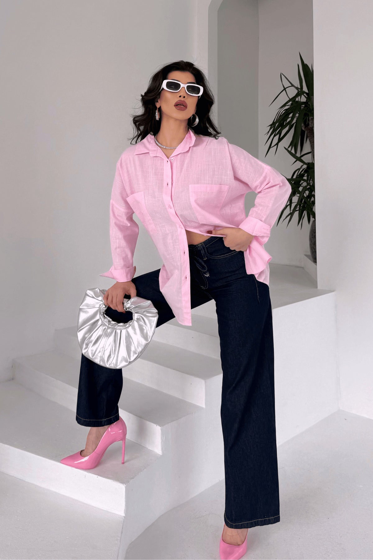 PWG1504250420 - Kadın Harper Çift Cepli Oversize Keten Gömlek, 2025 Summer Collection - Pembe