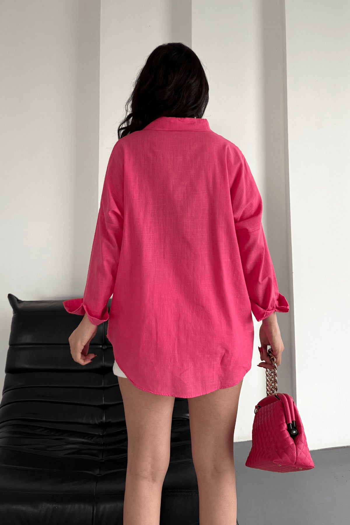 PWG1504250420 - Kadın Harper Çift Cepli Oversize Keten Gömlek, 2025 Summer Collection - Fuşya